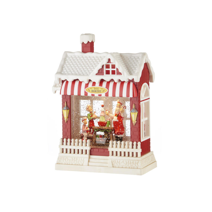 L'Oca Nera - Natale 2025 Boule de neige Bakery rossa e bianca con musica, led, movimento continuo e timer