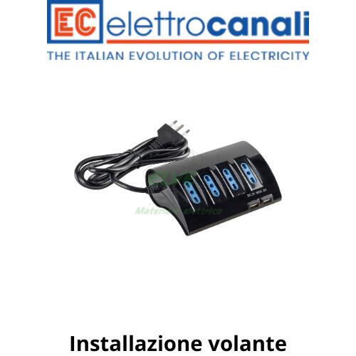 ELETTROCANALI - ECK11310N PRESA MULTIPLA C/CAVO 4 BPRESE + 1 SCHUKO LAT.+ 2 USB NERO