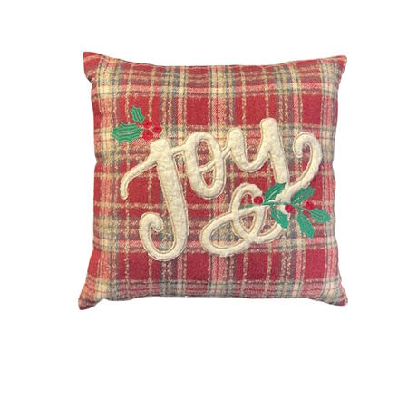 Clodette - Natale 2025 - Cuscino quadrato in tartan con ricamo e interno Joy