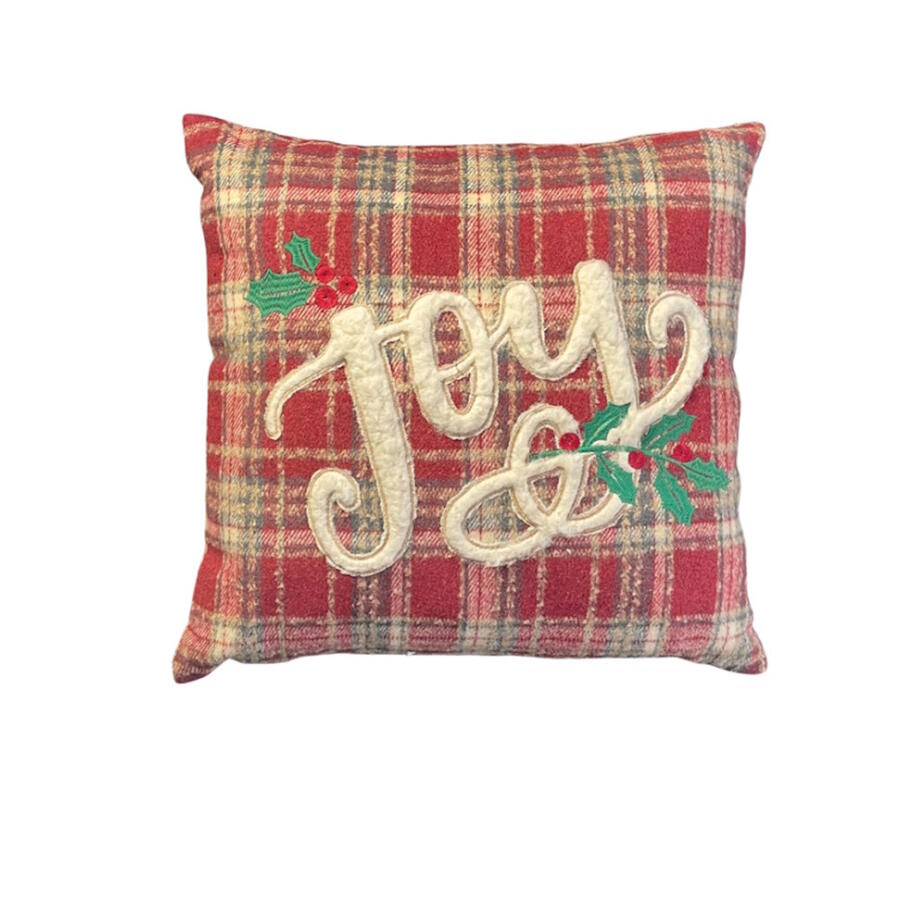Clodette - Natale 2025 - Cuscino quadrato in tartan con ricamo e interno Joy