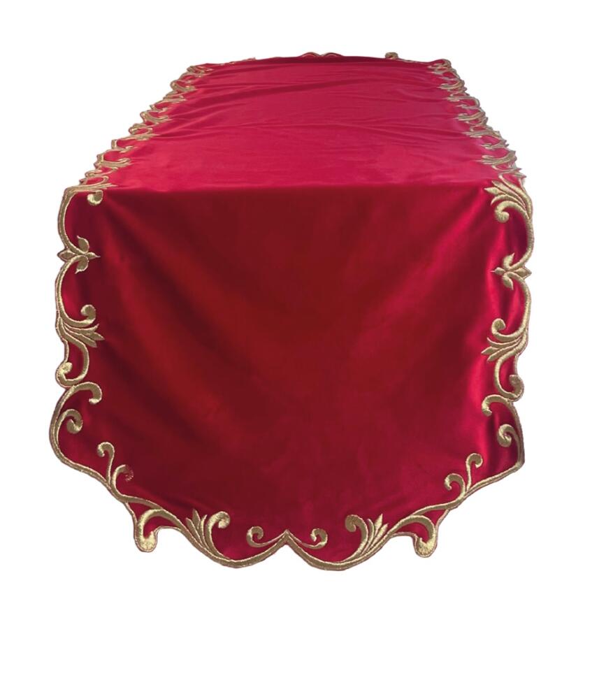 Clodette - Natale 2025 - Runner rosso in velluto con ricamo 140x49