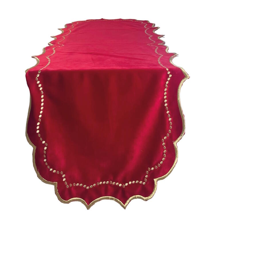 Clodette - Natale 2025 - Runner rosso in velluto con ricamo pallini 140x49