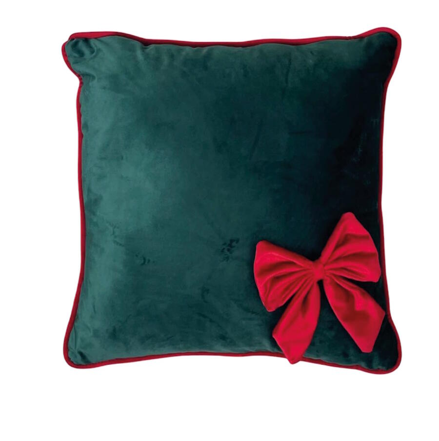 Clodette - Natale 2025 - Cuscino quadrato verde in velluto con fiocco rosso ed interno