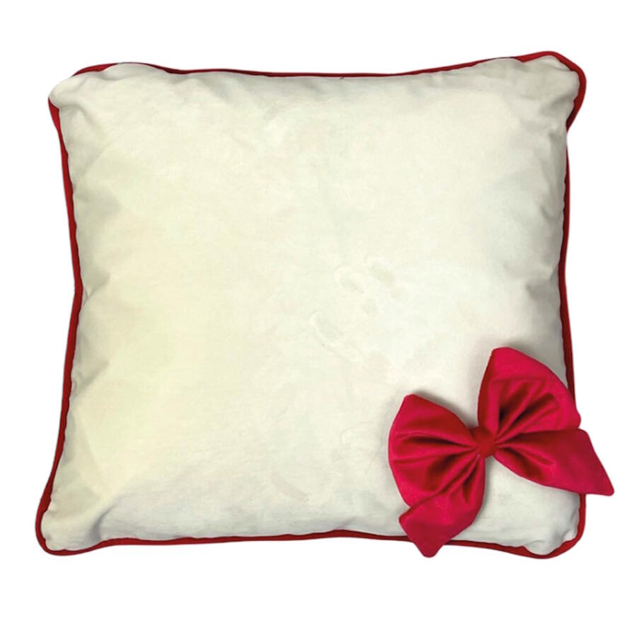 Clodette - Natale 2025 - Cuscino quadrato avorio in velluto con fiocco rosso ed interno