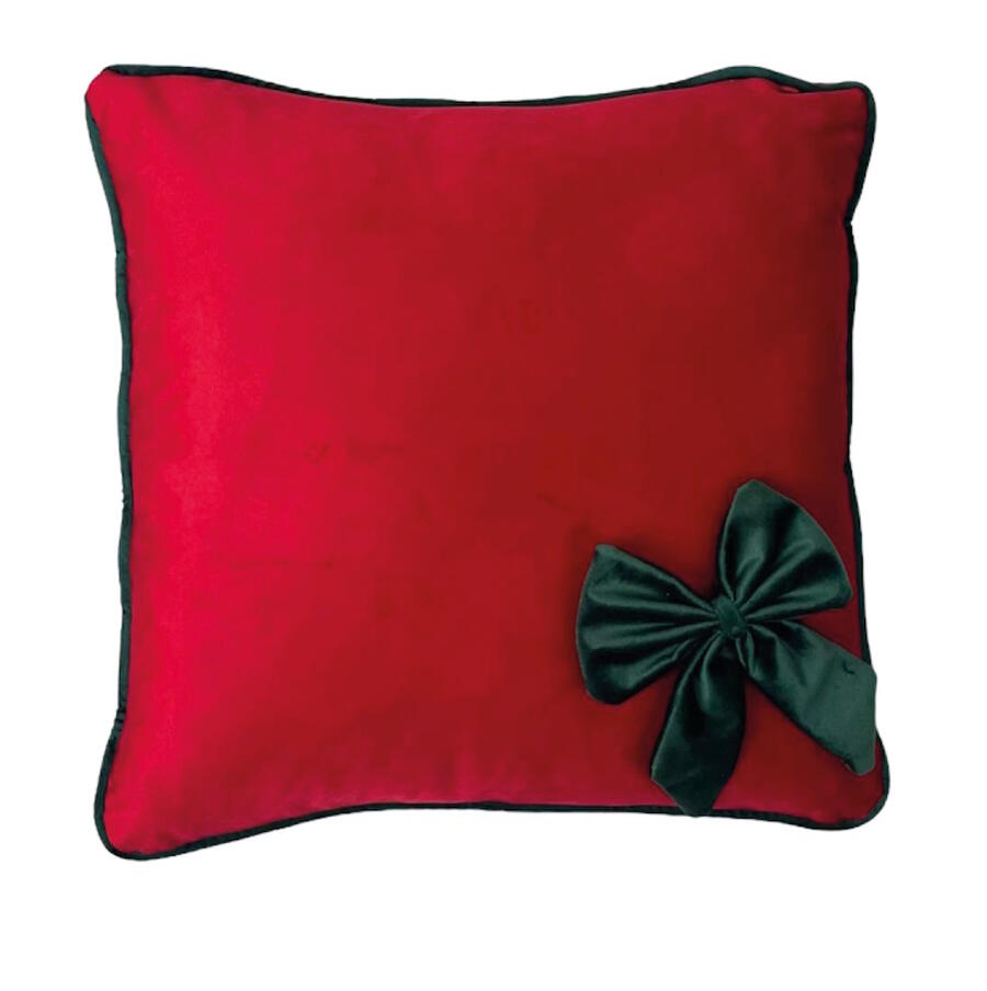 Clodette - Natale 2025 - Cuscino quadrato rosso in velluto con fiocco verde ed interno