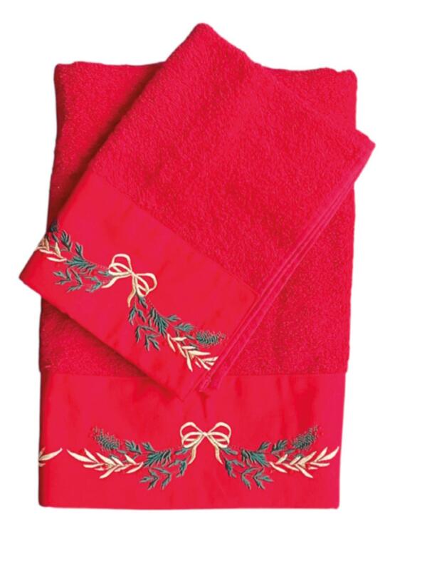 Clodette - Natale 2025 - Set 2 pezzi spugna in cotone rossa con ricamo