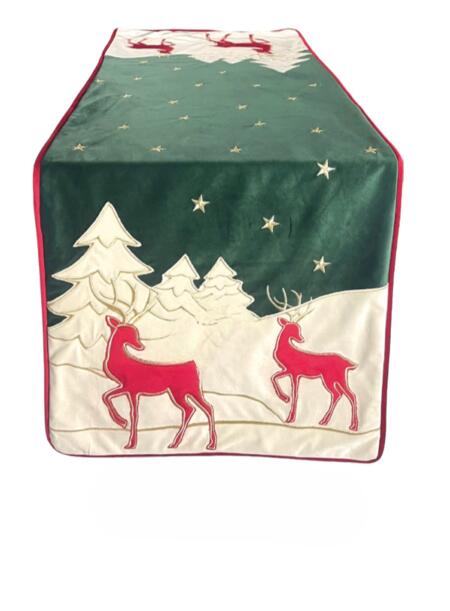 Clodette - Natale 2025 - Deer Runner in velluto con ricami verde 140x47