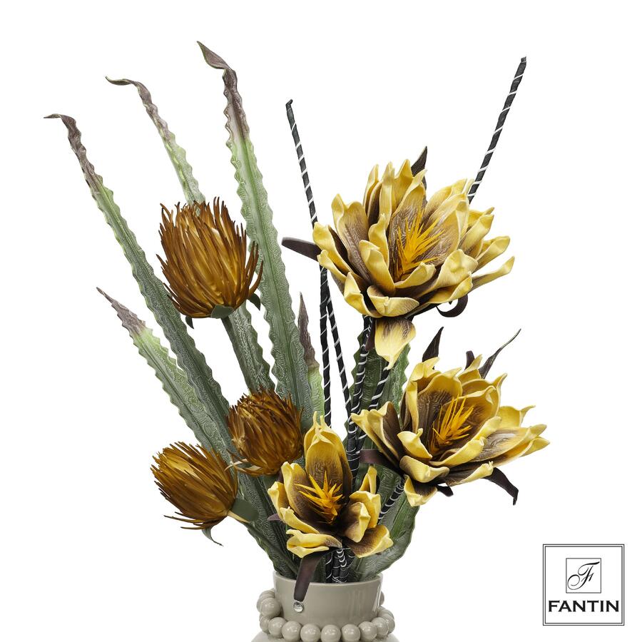 Fantin Argenti - Composizione Floreale in Lattice – Dalie, Protea Nitida e Agave Giallo (3 Steli)