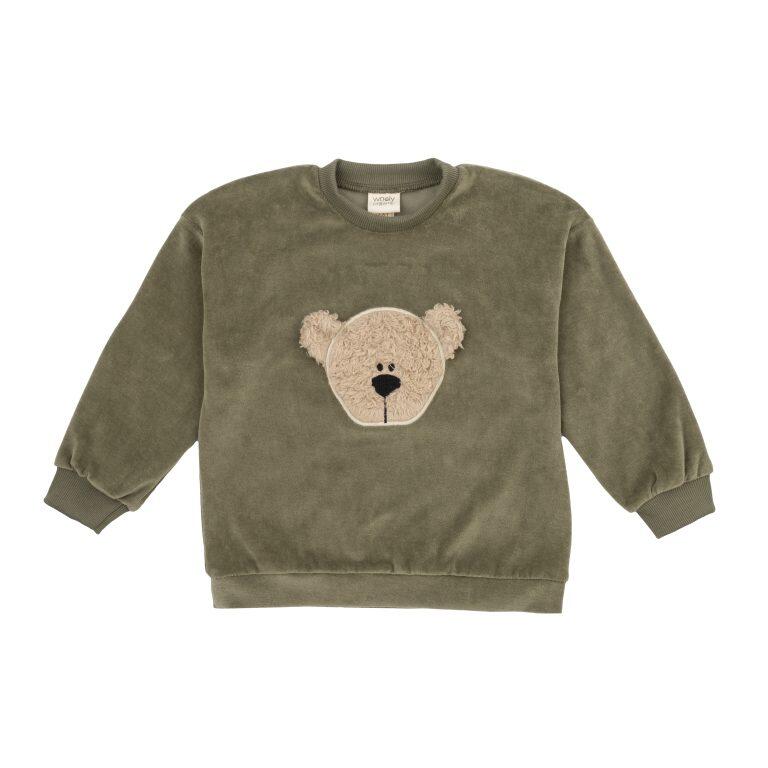 Maglione Ricamato in Velluto – Cotone Biologico GOTS per Bambini - Foglia di tè/Savana