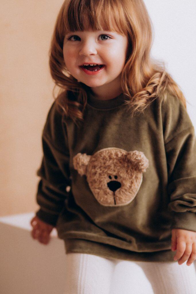 Maglione Ricamato in Velluto – Cotone Biologico GOTS per Bambini - Foglia di tè/Savana