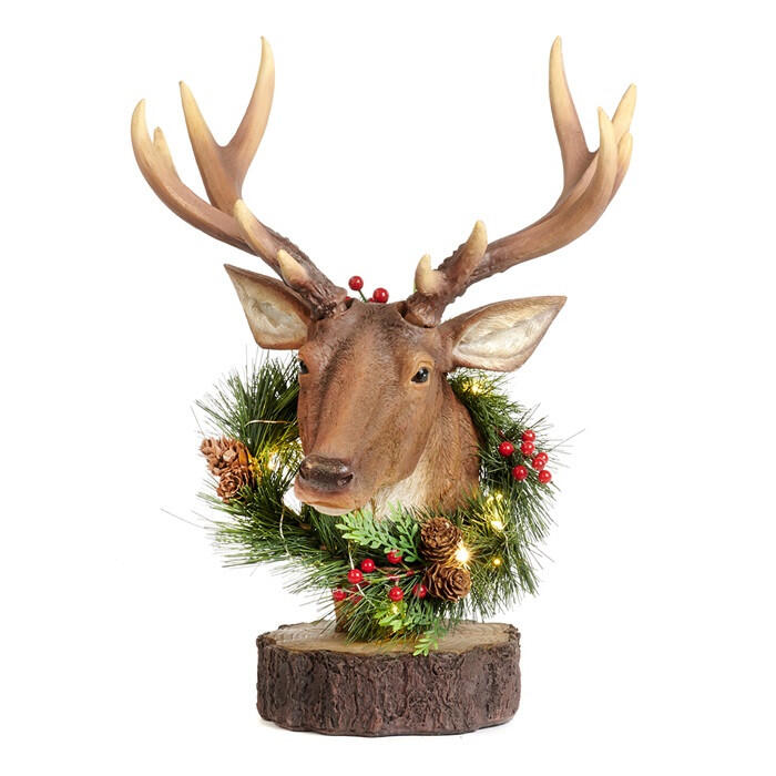Goodwill - Natale 2025 - Testa di Cervo Natalizia con LED – Marrone/Verde – 39 cm – Da Tavolo