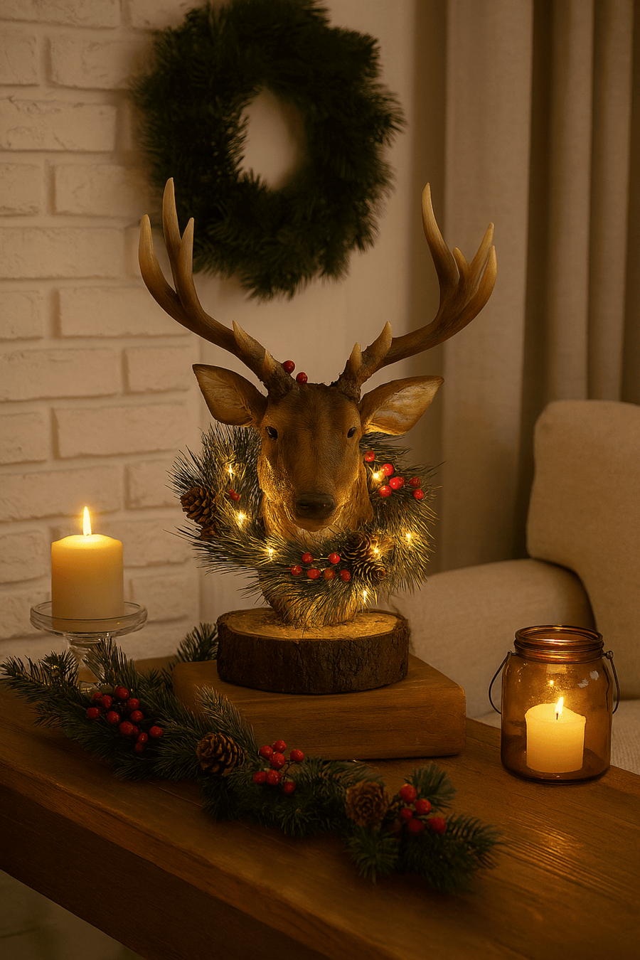 Goodwill - Natale 2025 - Testa di Cervo Natalizia con LED – Marrone/Verde – 39 cm – Da Tavolo