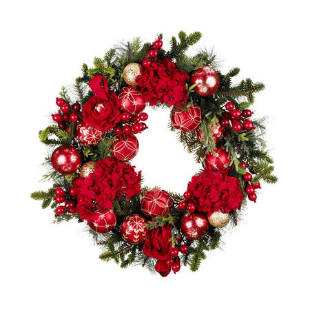 Goodwill - Natale 2025 - Ghirlanda Natalizia con Palline e Fiori – Rosso/Verde – 65 cm