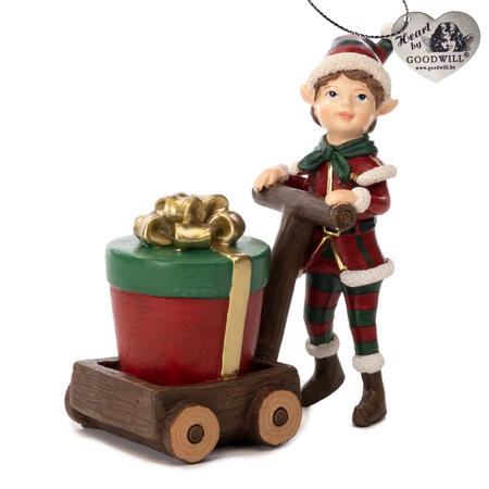 Goodwill - Natale 2025 - Aiutante di Babbo Natale con Carrello Regalo – Rosso/Verde – 17 cm