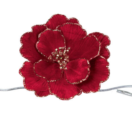 Goodwill - Natale 2025 - Fiore Magnolia Glitterato con Clip – Rosso/Oro – 26 cm