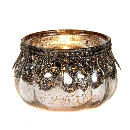 Goodwill - Natale 2025 - Portacandela Rotondo in Vetro e Filigrana – Trasparente/Argento – 9 cm