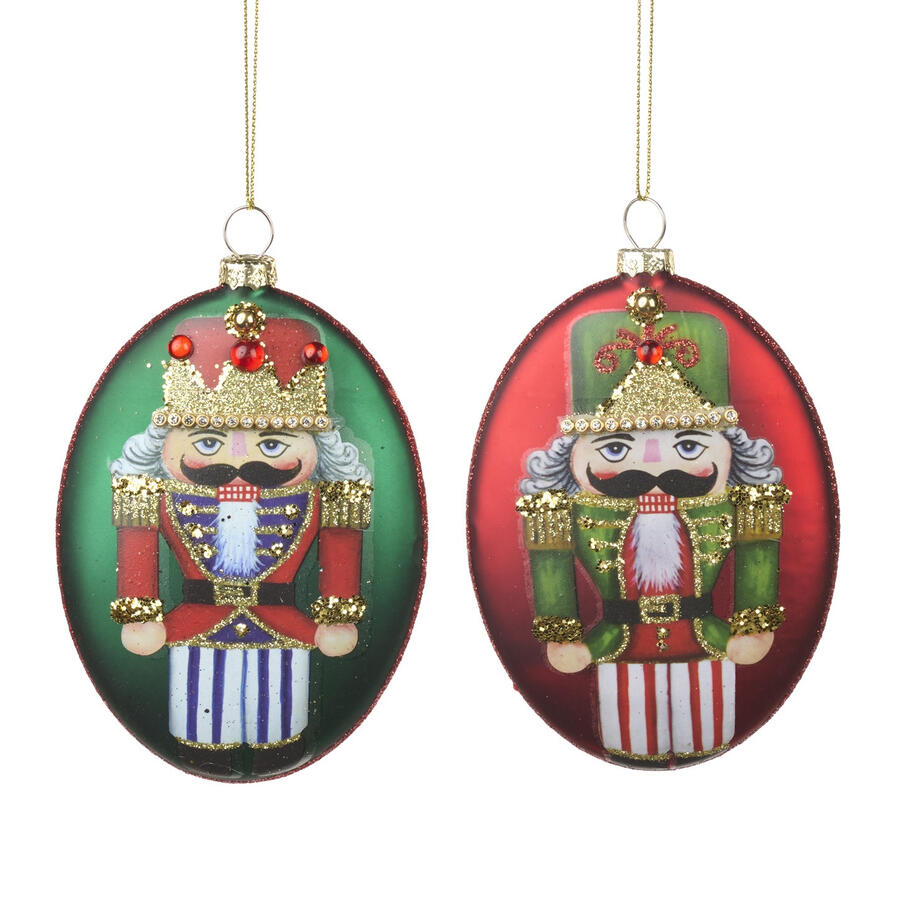 Goodwill - Natale 2025 - Set 2 Decorazioni in Vetro – Disco Ovale con Schiaccianoci – Rosso e Verde – 13,5 cm
