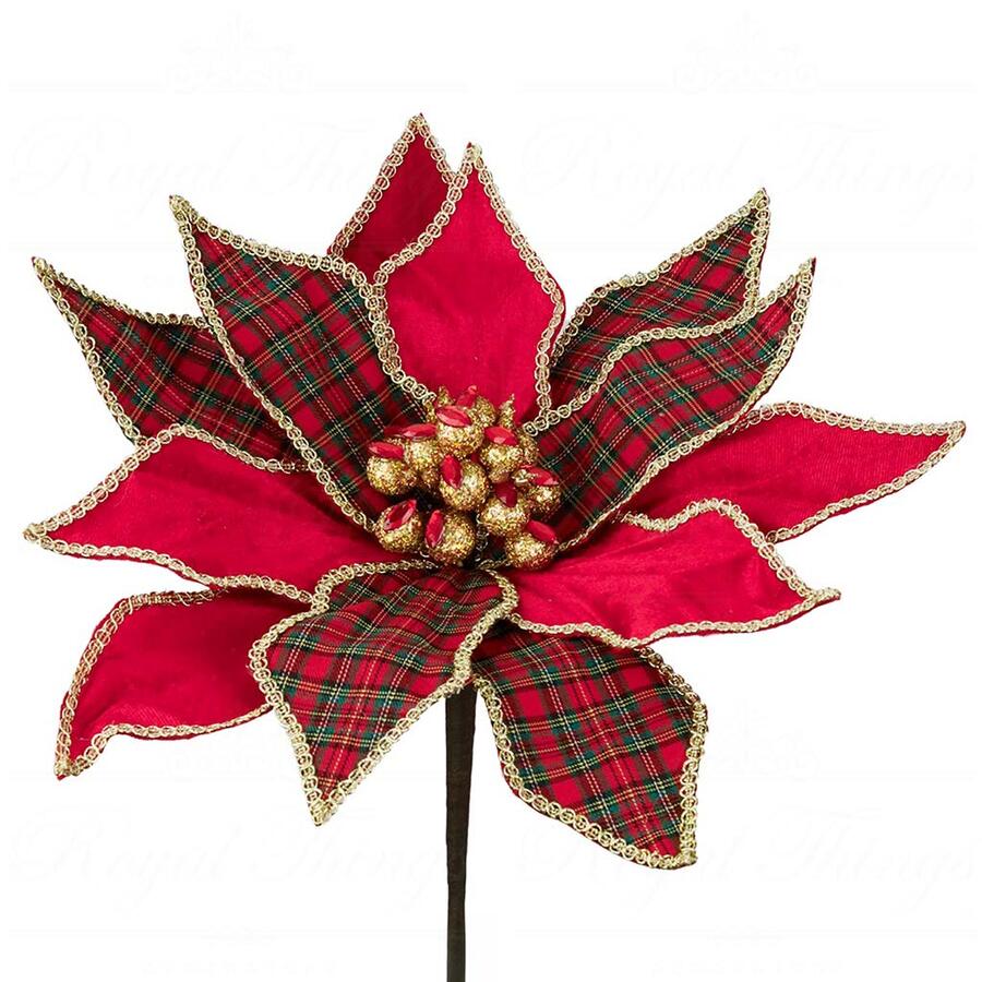 Goodwill - Natale 2025 - Stella di Natale Tartan con Dettagli Gioiello – Fiore su Stelo – Rosso – 45 cm