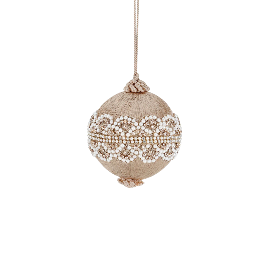 Goodwill - Natale 2025 - Palla Natalizia in Filato con Perle – Crema & Champagne – 10 cm Champagne