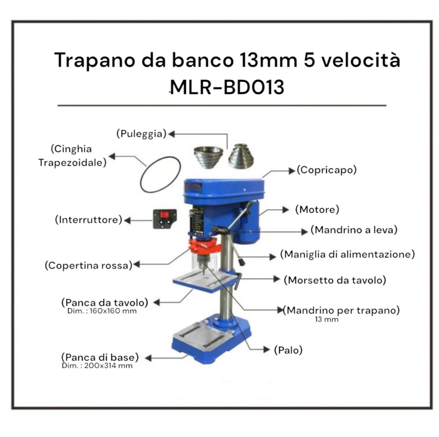 Trapano da banco350W a colonna 580-2650RPM MLR-BD013 mandrino a cremagliera 13mm