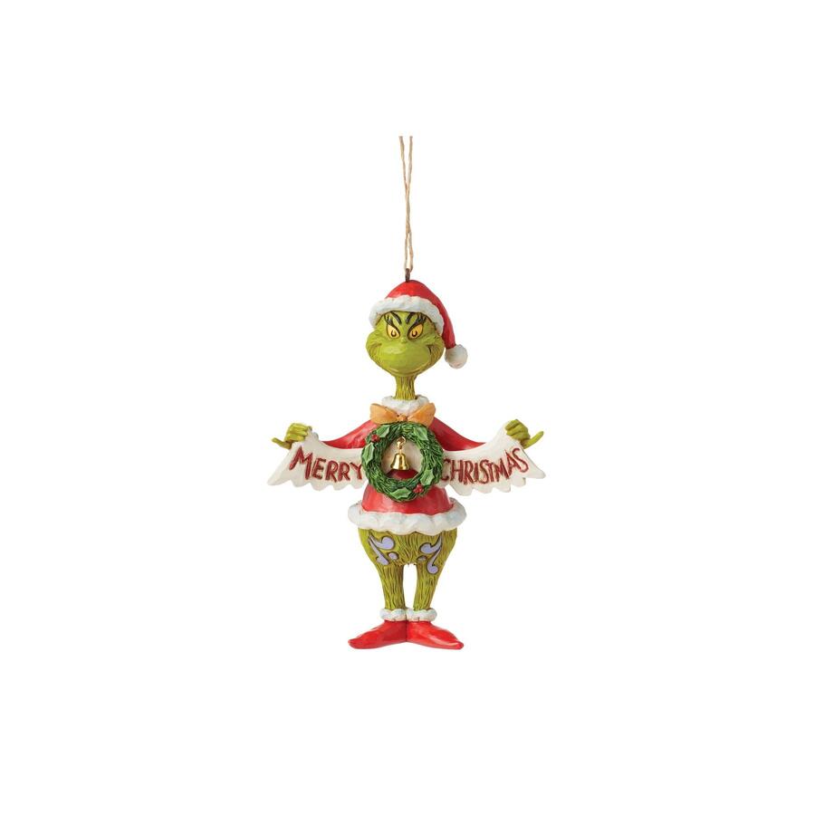 Enesco - Natale 2025 - Grinch con Striscione “Merry Christmas” – Ornamento Natalizio Jim Shore dipinto a mano