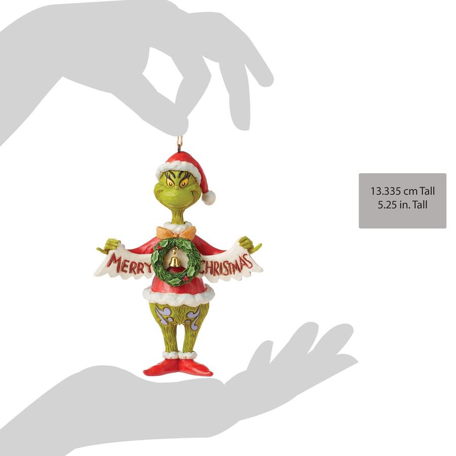 Enesco - Natale 2025 - Grinch con Striscione “Merry Christmas” – Ornamento Natalizio Jim Shore dipinto a mano