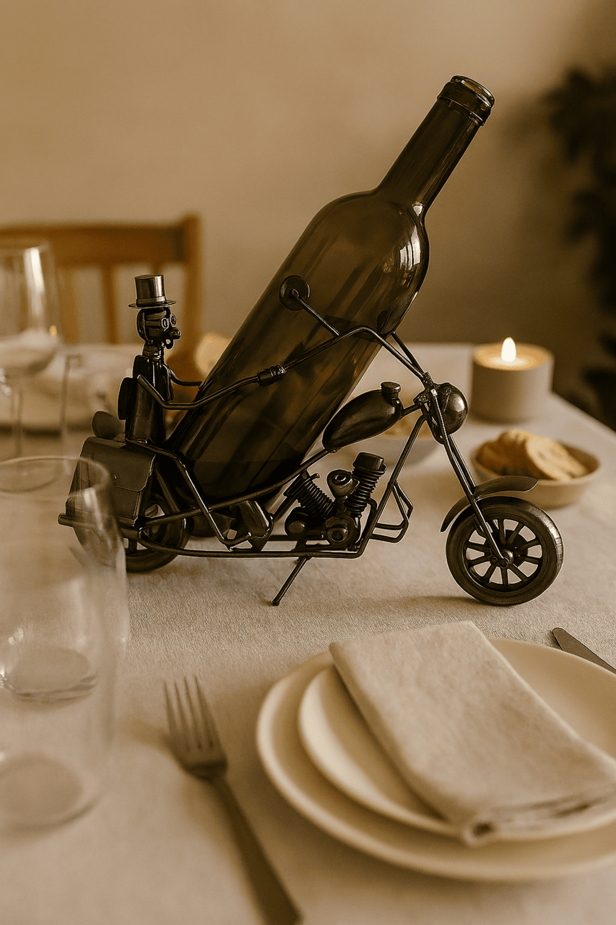 Enesco - Porta Bottiglia “Motociclista” – Decorazione in Metallo per Amanti del Vino e della Moto