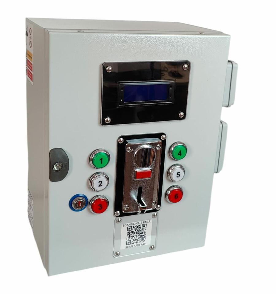  6 impianti di illuminazione - Gettoniera elettronica multimoneta con pagamento cashless e con funzione di preavviso a lampeggi prima dello spegnimento
