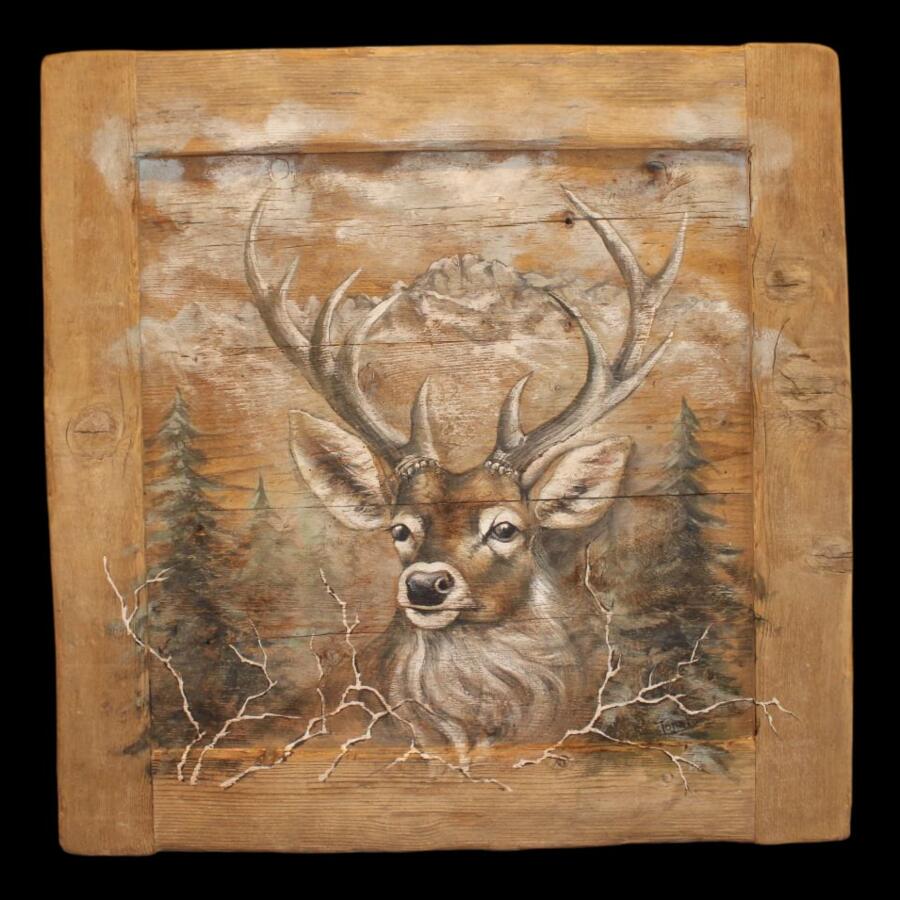 Quadro su tavole di legno vecchio raffigurante un cervo