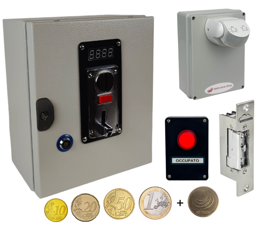 Gettoniera Apriporta a monete + gettoni con KIT serratura e sensore presenza