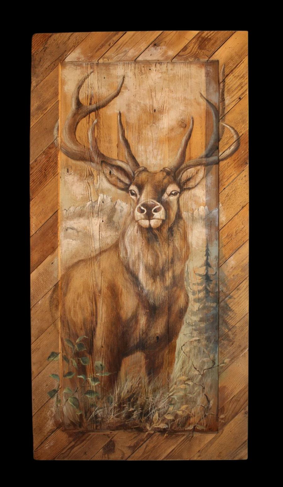 quadro su tavole di legno vecchio raffigurante cervo in piedi