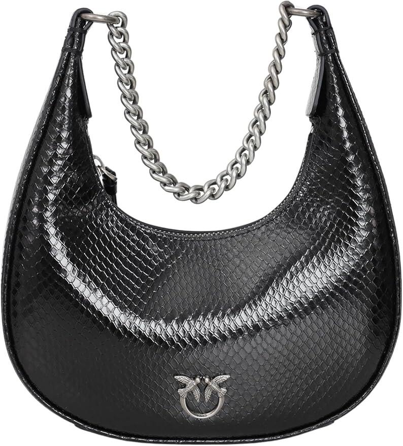 Pinko Borsa Mini Brioche Bag Hobo Nero Antique Silver , Vera Pelle 100% laminata 