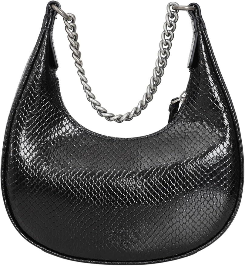 Pinko Borsa Mini Brioche Bag Hobo Nero Antique Silver , Vera Pelle 100% laminata 