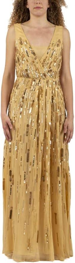 Nenette Milano, Abito lungo Astro, Paillettes rigate, Taglia 40, colore Beige e paillettes dorate