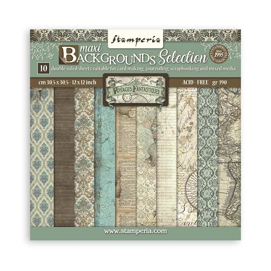 Blocco 10 fogli 30,5 x 30,5 Double face Backgrounds Voyages Fantastiques