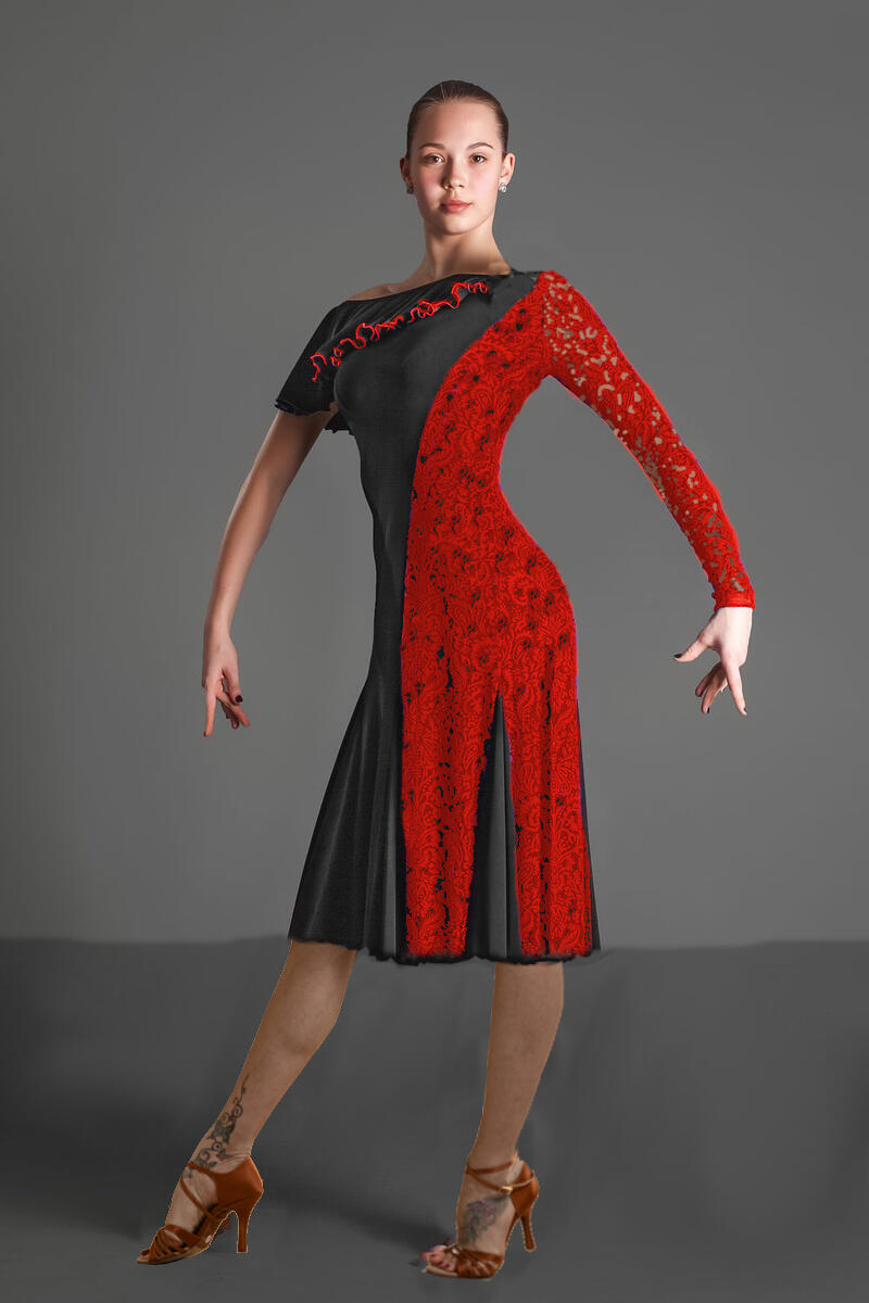 Dress with lace panels and sleeves in technical jersey U361C