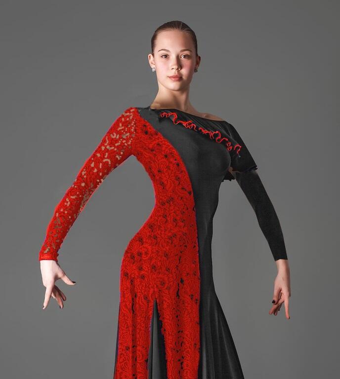 Dress with lace panels and sleeves in technical jersey U361C