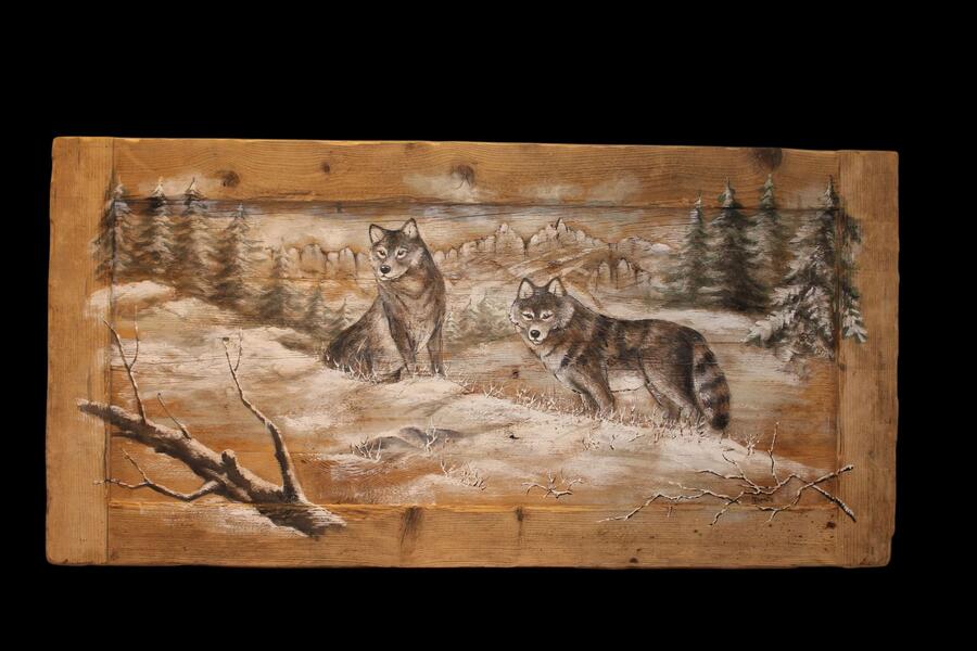 Quadro su tavole di legno vecchio raffigurante lupi