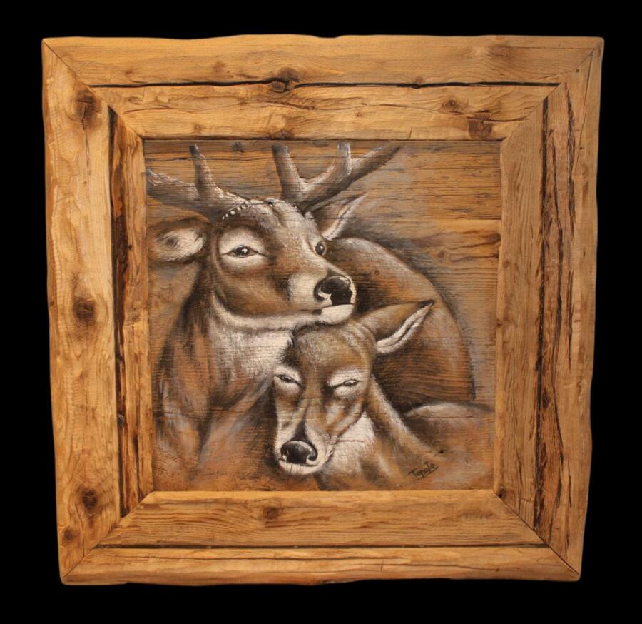 Quadro su  tavole di legno vecchio raffigurante coppia di cervi