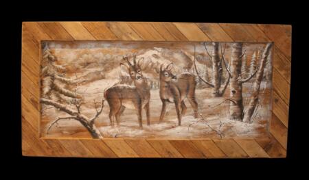 Quadro su tavole di legno vecchio raffigurante due caprioli