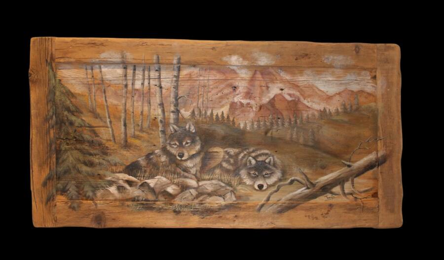 Quadro su tavole di legno vecchio raffigurante due lupi sdraiati
