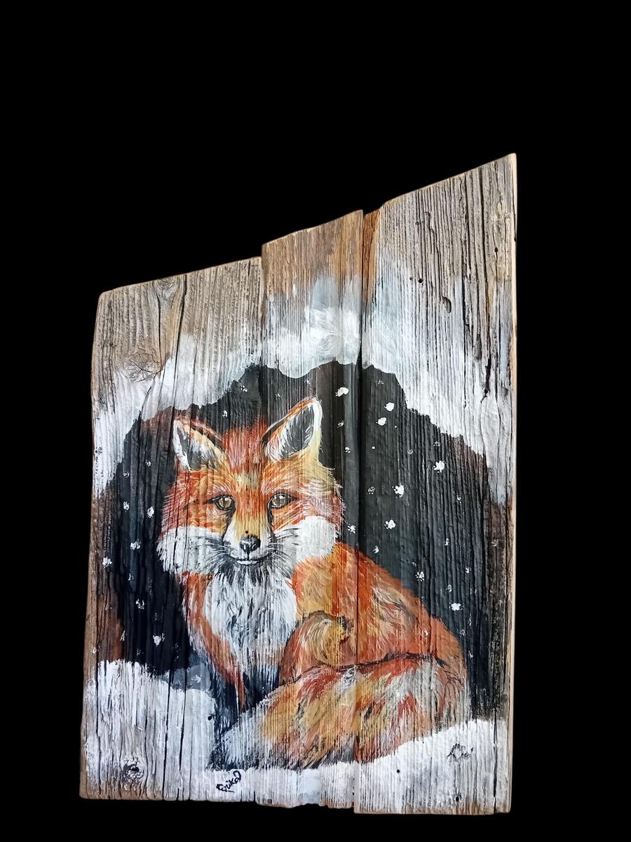 Quadro su tavole di legno vecchio raffigurante una volpe