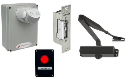 Kit completo di: elettroserratura, sensore di presenza, spia bagno occupato, molla di richiamo porta