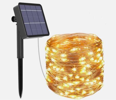 LUCI DI NATALE STRISCIA NATALIZIA CATENA LUMINOSA A LED DA ESTERNO CON PANNELLO ENERGIA SOLARE CON PICCHETTO - BOBINA DA 10 METRI CON 100 LED CON COLORE LUCE 3000K BIANCO CALDO (GIALLO) IP65