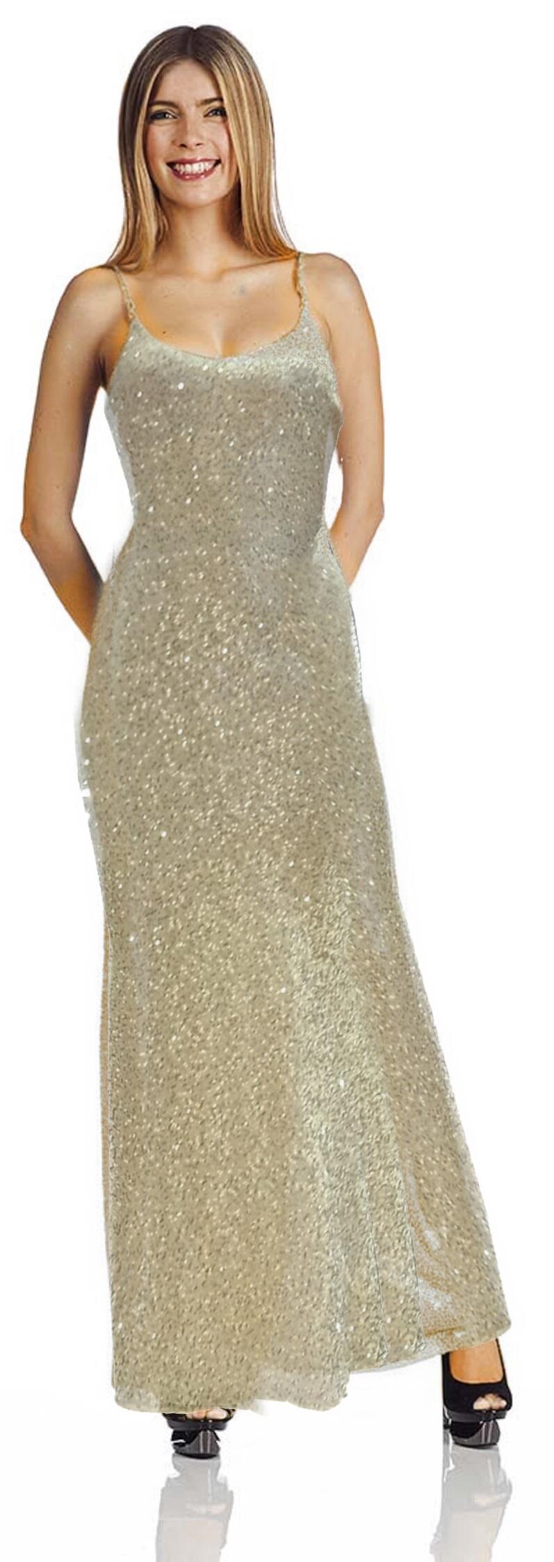 0962 Abito lungo in micropaillettes platino-beige con spalline fini