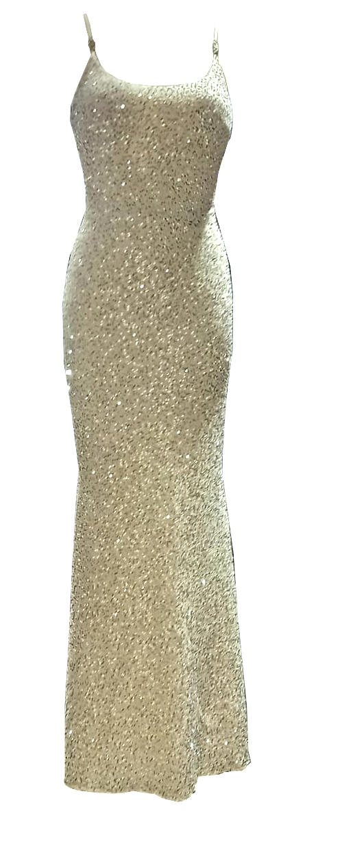 0962 Abito lungo in micropaillettes platino-beige con spalline fini