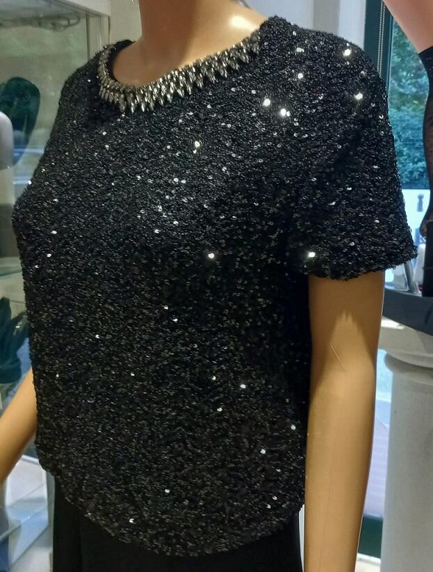 Stretch sequin sweater lined with rhinestone crew neck 6-0050