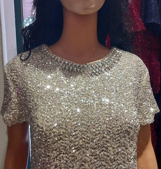 Stretch sequin sweater lined with rhinestone crew neck 6-0050