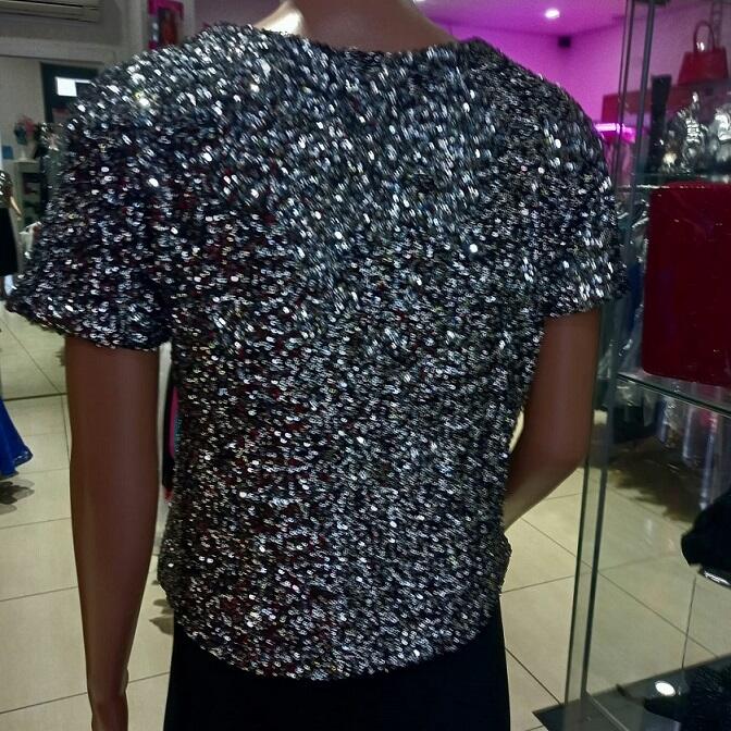 Stretch sequin sweater lined with rhinestone crew neck 6-0050