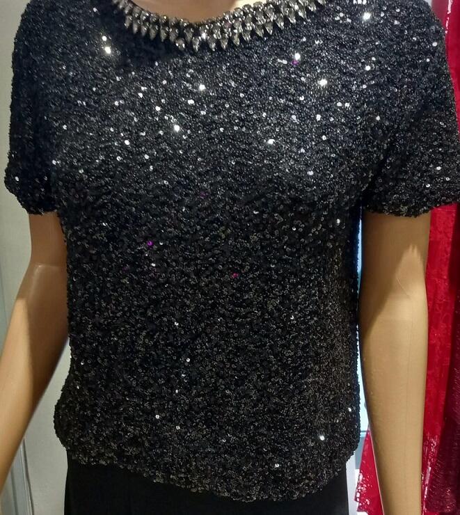 Stretch sequin sweater lined with rhinestone crew neck 6-0050